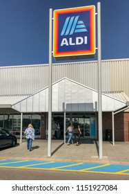 PONTYPRIDD, WALES - AUGUST 2018: Exterior view of new signs outside a branch of the ALDI supermarket chain