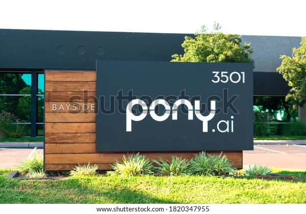 Pony.ai signpost\
at autonomous driving startup headquarters in Silicon Valley -\
Fremont, California, USA -\
2020