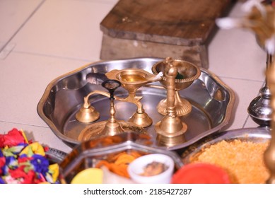 Pooja Material  Puja Sahitya In Hindu Religion From India, Arranged In A Group. Selective Focus