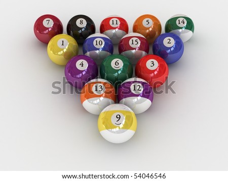 pool balls racked in a triangle shape (3D rendering)