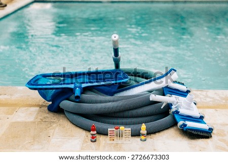 Pool cleaning and maintenance tools. Pool cleaning and maintenance kit, vacuum cleaner, ph test, leaf picker and pool sweeper