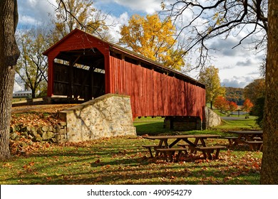 Pool Forge covered bridge in Fall, Lancaster County, Pennsylvania, USA.