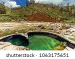 Pool of hot springs next to the rapids and mountains in the Colca Valley, Peru