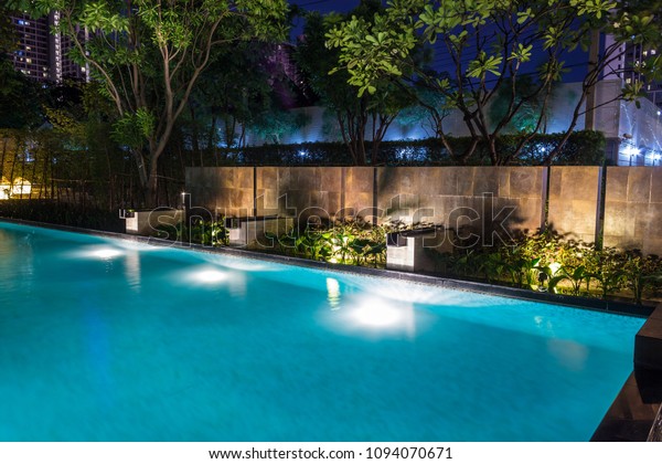 Pool Lighting Backyard Night Family Lifestyle Stock Photo Edit Now 1094070671