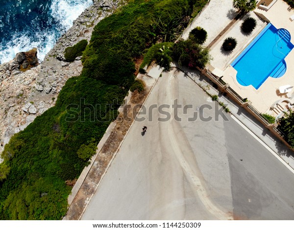 pool next to the\
ocean drone photography