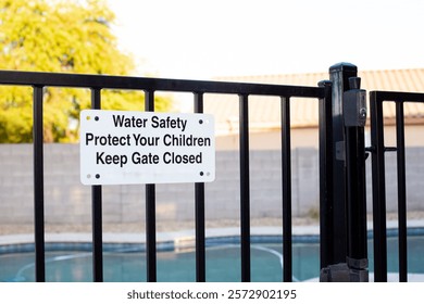 Pool safety gate with sign emphasizing water safety