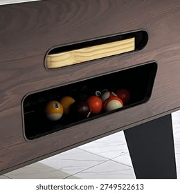 Pool Table Ball Return Storage Inside Wooden Cabinet