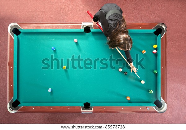 Pool Table Girl Playing Seen Above Stock Photo Edit Now 65573728