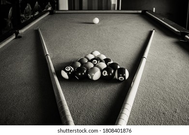 Pool Table In A Home Environment, Black And White