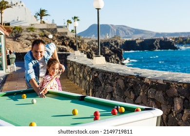 Pool Table Near The Sea, Family Plays Billiards