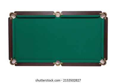 A pool table. Parts of a billiard table close-up. American pool table. Billiard pockets. Wooden billiard table. 