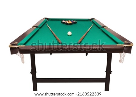 A pool table. Parts of a billiard table close-up. American pool table. Billiard pockets. Wooden billiard table. 