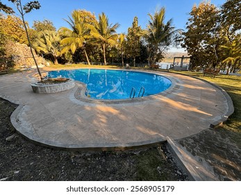 A pool with a tree in the background. The pool is surrounded by a brick walkway. The pool is blue and the water is calm