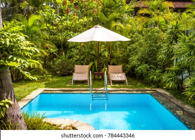 Pool With Umbrella And Beach Beds In House Backyard. Nice Garden In Tropical Resort. Beautiful Swimming Pool With Blue Clean Water In Courtyard Of Hotel Or Vacation Home. Landscaping Of Backyard.  