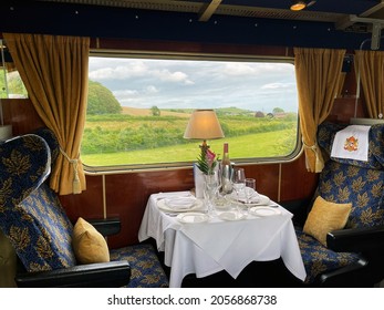 Poole, Dorset, England - July 2021: Formal Table Setting For Dinner In A Luxury Train Operated By Statesman Rail, A Charter Rail Company.