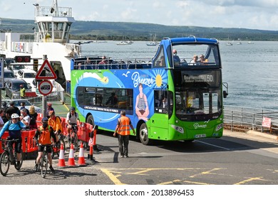 Poole, Dorset, England - June 2021: Public Service Bus Driving Off The Chain Ferry Which Crosses The Narrow Mouth Of Poole Harbour Joining Poole With Swanage.