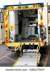 Poole, Dorset/UK - February 15th 2015: Looking Inside The Rear Of An NHS Ambulance Parked And Waiting Outside A Hospital