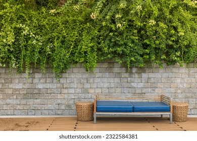poolside bench wall with plants