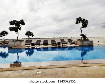 Poolside view on a cloudy day