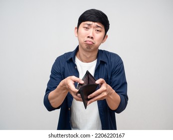 Poor Asian Man Show Empty Wallet Feels Unhappy Isolated