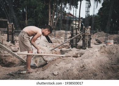 Poor Children Are Forced To Work Construction, Violence Children And Trafficking Concept,Anti-child Labor, Rights Day On December 10.