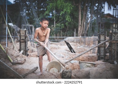 Poor children are forced to work construction, Violence children and trafficking concept,Anti-child labor, Rights Day on December 10.
