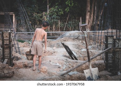 Poor children work in construction sites because of poverty, Child labor, human trafficking, World Day Against Child Labour concept.