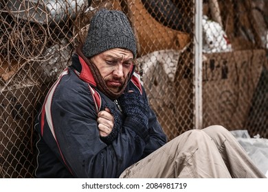 Poor Homeless Man Outdoors On Winter Day