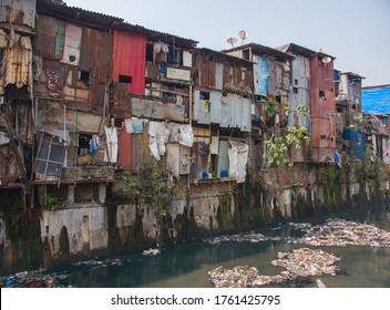 Poor and impoverished slums of Dharavi in the city of Mumbai.