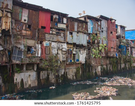 Poor and impoverished slums of Dharavi in the city of Mumbai.