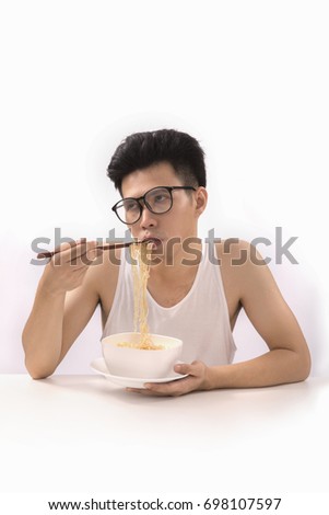 Poor man feel boring with the same old instant noodle.Noodles man and Factors Relating to Asian Fast-Food Consumling behavior concept.Isolated on white background.