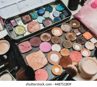 Poor Ugly Old Palette For Make-up. The Concept Of Bad Makeup