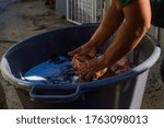 Poor Woman Washing Clothing By Hand In Bucket of Cold Water during Winter. Poverty, Vintage, Old Life, Township Struggles.
