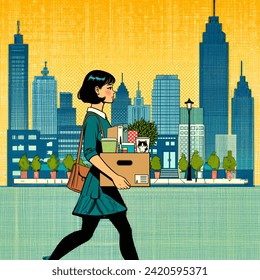 Pop art artistic image of a picture of a city landscape with a small woman with a neutral expression in side profile walking and carrying a box. the box contains files, plant and a cup with a cat picture
