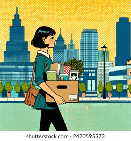 Pop art artistic image of a picture of a city landscape with a small woman with a neutral expression in side profile walking and carrying a box. the box contains files, plant and a cup with a cat picture