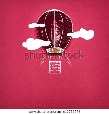 The pop art collage of red cabbage and aerostat on red background