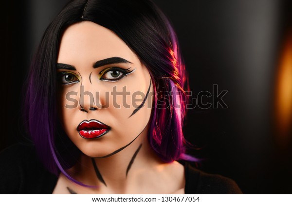 Pop Art Make Woman Portrait Purple People Stock Image