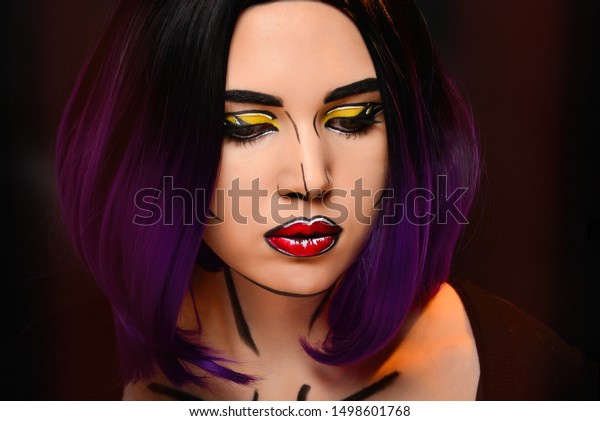 Pop Art Make Woman Portrait Purple People Beauty Fashion Stock