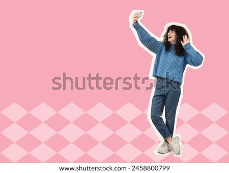 Pop art poster. Beautiful young woman taking selfie with smartphone on pink background, pin up style