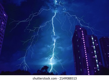 Pop Art Surreal Style of Incredible Lightning Strikes in Cobalt Blue Urban Night Sky - Shutterstock ID 2149088513