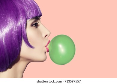 Pop Art Woman Blowing Bubble Gum. Side View On Pink Background.