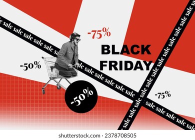 Pop collage of funky crazy screaming having fun guy riding supermarket cart wearing helmet to black friday isolated on red background - Powered by Shutterstock