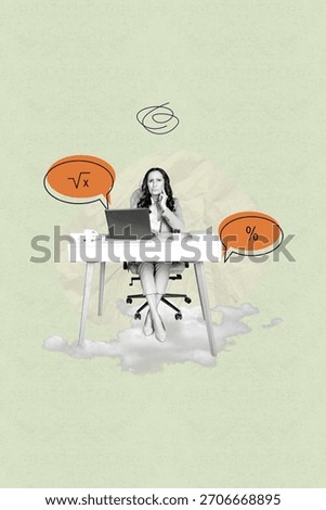 Pop collage of person work computer on green color background speaking textbox with formula percentage.