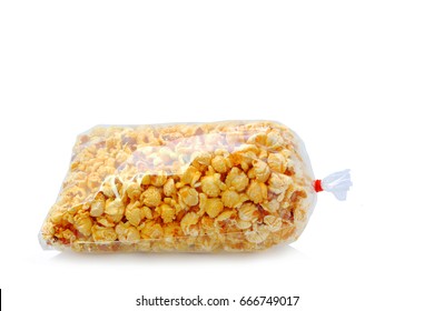 Popcorn Baked Butter Within Plastic Bag On White Background