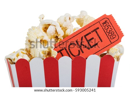 Popcorn in a big box with movie tickets, isolated on white background.