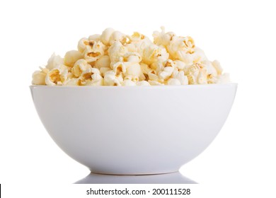 Popcorn In Bowl, Isolated On White