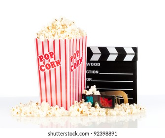 Popcorn Box With Clapper Board And 3d Movie Glasses On White Background