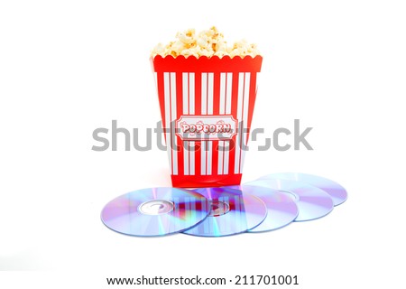 popcorn in box with DVD disk on white background 