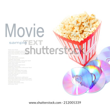 popcorn in box with DVD disk on white background 
