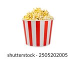 Popcorn box. Red and white striped buckets of salted popcorn isolated on white background. Cinema and entertainment concept. Movie night with popcorn. Delicious appetizer, snack.